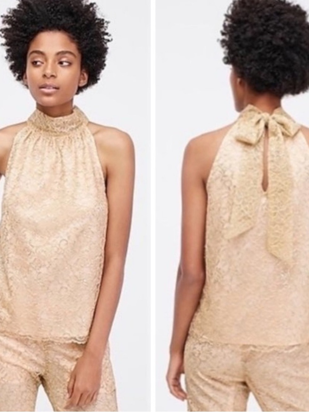 J. Crew Champagne Lace High-Neck Tie-Back Halter Top